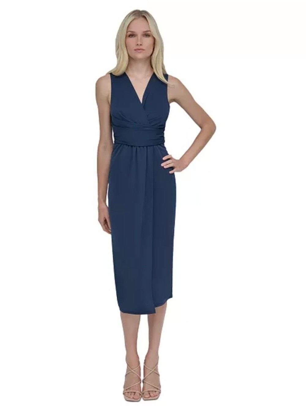 DKNY NWT Navy Blue Draped Cowl Neck Sleeveless Midi Dress Size 14 Party